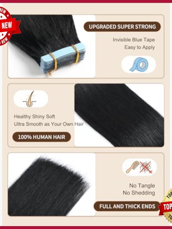 20-Inch Tape-In Human Hair Extensions, 20 Pieces, Straight Seamless Weft